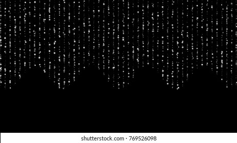 Curtain of Silver Shimmering Stars on Black Background with Free Space. Greeting Card, Invitation, Wedding Template with Glittering Silver Stars Confetti. Dark Sky Vector Background for Luxury Design.