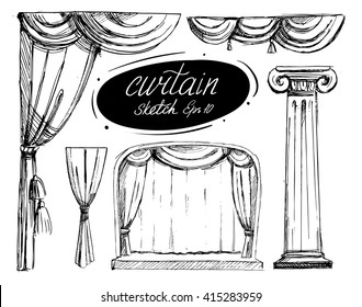  Curtain Sketch. Vector Set. Isolated