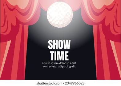 Curtain stage theater cinema movie show disko ball background concept. Vector flat graphic design illustration