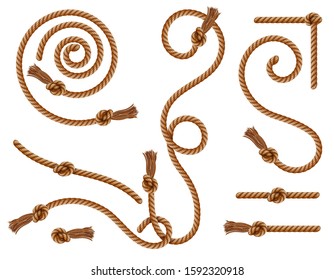 Curtain tassels and braided ropes with knots and brushes, vector realistic brown and golden cords. Vintage twisted velvet and hemp whipcord, curved and knotted frames