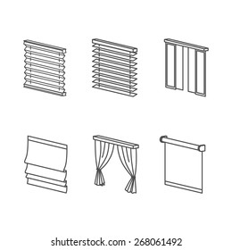 Curtain types - roll, blind, louvers, jalousie. Clear Outline Icons Set.