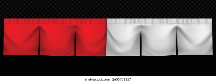 Curtain vector with red and white fabric on a dark checkered transparent background. Realistic 3D curtain, perfect for ribbon banners, Indonesia flag designs, or wavy fabric illustrations with a rolle