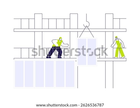 Curtain walling system abstract concept vector illustration. Contractor controls curtain walling installation process, construction site, facade building process, exterior works abstract metaphor.