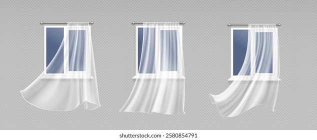 Curtain window wind composition with translucent white drapes fluttering at clean pvc frames. Sheer textile panels mounted on metal rods with realistic fabric movement. Set of blowing drapery.