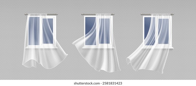 Curtain window wind composition with translucent white drapes fluttering at clean pvc frames. Sheer textile panels mounted on metal rods with realistic fabric movement. Set of blowing drapery.