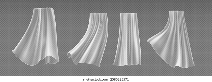 Curtain window wind simulation - transparent white fabric movement. Billowing drapery set of flowing textile shapes in different positions. Realistic 3D dynamic sheer material waves in motion.