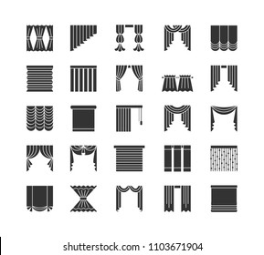 Curtains & Blinds. Window Drapes. Different Styles Of Draperies. Roman, Roller, Pleat, Panel, Beaded Shades. Flat Icon Collection. Isolated Objects On White Backround.