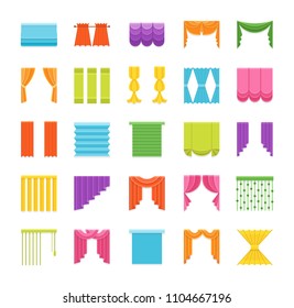 Curtains & blinds. Window drapes. Different styles of draperies. Roman, roller, pleat, panel, beaded shades. Flat icon collection. Isolated objects on white backround.