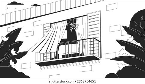 Curtains blowing in wind from opened window black and white chill lo fi background. Balcony outline 2D vector cartoon exterior illustration, monochromatic lofi wallpaper desktop. Bw 90s retro art