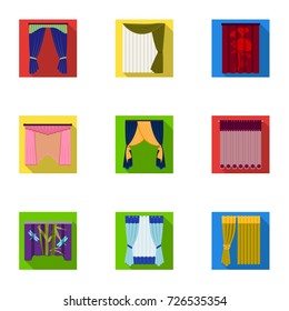 Curtains, cornice, print, and other web icon in flat style. Fabric, ribbon, bow, icons in set collection.