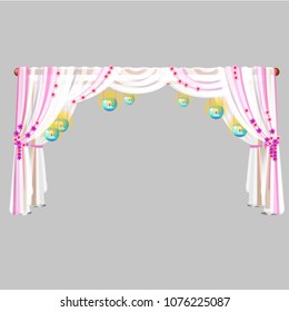 Curtains with decoration in the form of flowers and burning candlesticks isolated on a grey background. Vector cartoon close-up illustration.