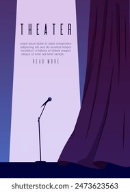 Curtains draperies, stage with microphone vector announcement poster design. Theatre stage decoration with drapery textile. Opened velvet curtain for theatre scene