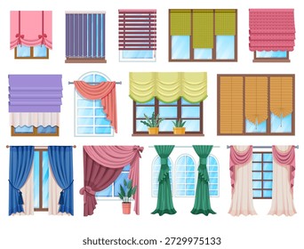 Curtains and drapes for window and room decoration, tulle fabric and curtain rod for classic or modern interiors. Vector set for home, office or apartment design