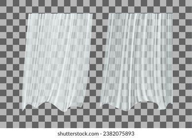 Curtains fluttering in the wind. Light transparent fabric.  Realistic vector illustration, isolated on transparent background.