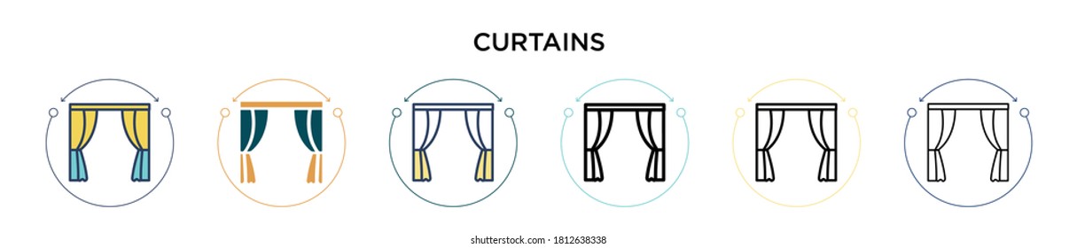 Curtains icon in filled, thin line, outline and stroke style. Vector illustration of two colored and black curtains vector icons designs can be used for mobile, ui, web