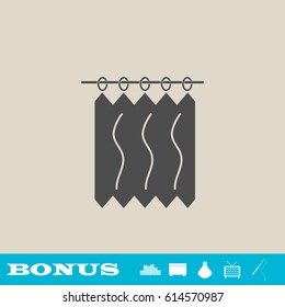 Curtains icon flat. Grey pictogram on light background. Vector illustration symbol and bonus button real estate, ottoman, vase, tv, fishing rod