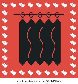 Curtains icon flat. Simple black pictogram on red background with white hearts for valentines day. Vector illustration symbol