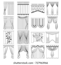 Curtains, lambrequins, cornice and other web icon in outline style. Furniture, textiles, window icons in set collection.