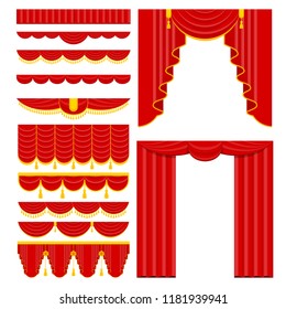 Curtains with lambrequins on the stage of the theater, concert hall. Decorations for the opening ceremony, at the premiere, awarding or other solemn official event