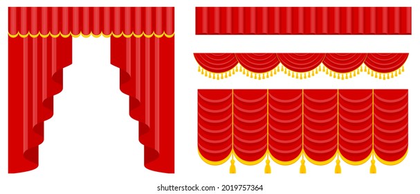Curtains with lambrequins on the stage of the theater, concert hall. Decorations for the opening ceremony, at the premiere, awarding or other solemn official even