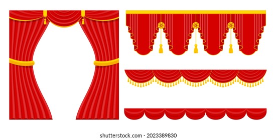 Curtains with lambrequins on the stage of the theater, concert hall. Decorations for the opening ceremony, at the premiere, awarding or other solemn official even
