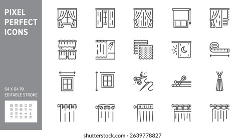 Curtains line icons. Vector illustration include icon - window, cornice, rail, tulle, bobbinet, grommet, roller outline pictogram for interior blackout material. 64x64 Pixel Perfect, Editable Stroke.
