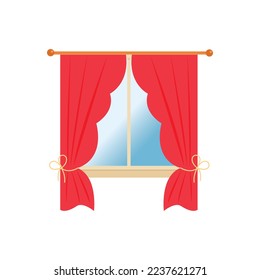 Curtains on the window, window, red curtains on the cornice, vector illustration in a flat style, isolated on a white background.