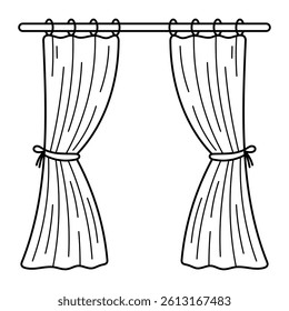 Curtains on window rod vector illustration. Hand-drawn doodle style window drapes with tiebacks. Black line art isolated on white background.