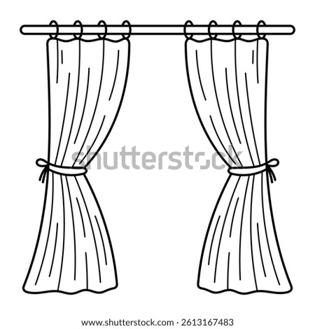 Curtains on window rod vector illustration. Hand-drawn doodle style window drapes with tiebacks. Black line art isolated on white background.