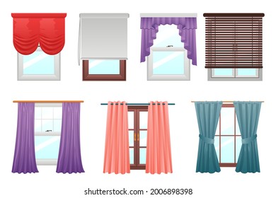 Curtains on windows. Cartoon interior decoration. Indoor hanging textile for kitchen and living room. Various drape types. Jalousie and roll louvers. Vector home or office decor set