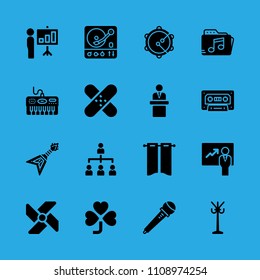 curtains, piano, windmill, presentation, electric guitar, music folder, presentation, cassette and clover vector icon. Simple icons set