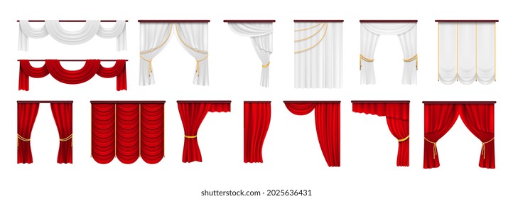 Curtains set. Red white curtain, isolated textile theater drape collection. Hanging fabric with golden ropes, show cinema, anniversary entertainment advertising vector elements