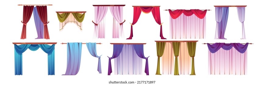 Curtains set, windows interior decoration, home textile various design. Indoor hanging drape types lambrequin, tulle, portiere textile for kitchen and living room decor, Cartoon vector illustration