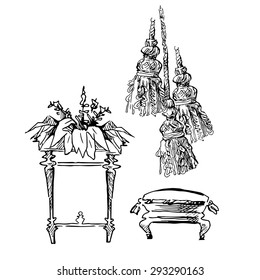 Curtains sketch. Cosy interior elements collection. Classic style drawing.