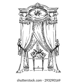 Curtains sketch. Cozy interior elements collection. Classic style drawing.