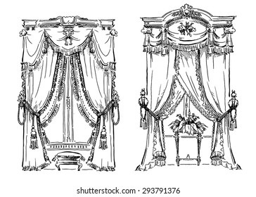 Curtains sketch. Cozy interior elements collection. Classic style drawing.