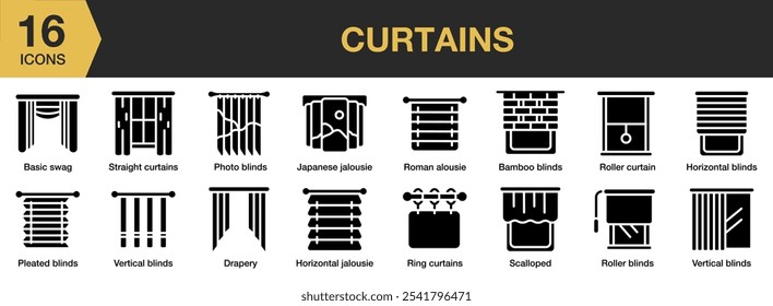 Curtains solid icon set. Includes vertical blinds, straight curtains, scalloped, roller, and More. Solid icons vector collection.