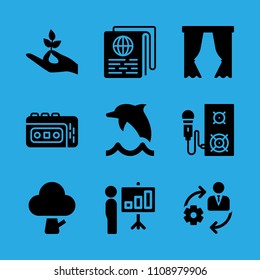 curtains, speaker, presentation, management, dolphin, recorder, tree, news paper and hand holding a stalk vector icon. Simple icons set