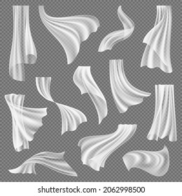 Curtains. Textile transparent decoration for interior curtains on hangers window wind decent vector realistic templates set