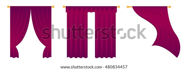 Curtains vector illustration. Scalloped valance\
over hanging and wind waving curtains on white background. Window\
treatment isolated. Rich red color textile for home decor. Living\
room drapery design