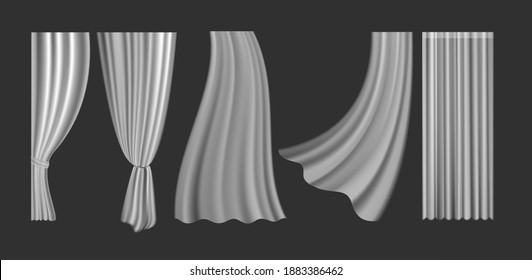 Curtains Vector Illustration Set. 3d Realistic Fluttering Curtains Collection From White Fabric Silk Cloth For Window Decoration, Blowing Hanging Clear Lightweight Materials On Transparent Background