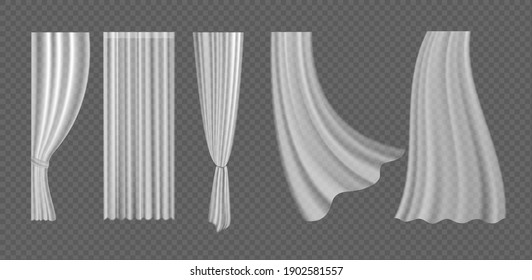Curtains vector illustration set. 3d realistic fluttering curtains collection from white fabric silk cloth for window decoration, blowing hanging clear lightweight materials on transparent background
