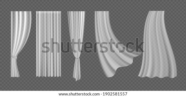Curtains vector illustration set. 3d realistic\
fluttering curtains collection from white fabric silk cloth for\
window decoration, blowing hanging clear lightweight materials on\
transparent\
background