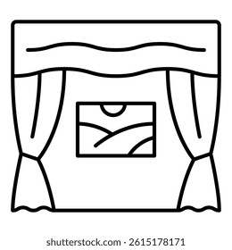 Curtains with wall picture thin line icon, exhibition concept. Vector graphics. Picture, curtains, wallpaper sign on white background, linear style for mobile or design