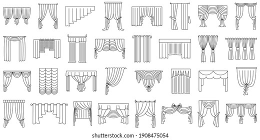 Curtains for window, doorway, theater stage. Set of vector icons in outline style isolated on white. Various curtain options for narrow and wide windows.