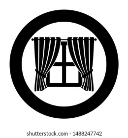 Curtains and window Interior concept Home window view decoration Waving curtains on window icon in circle round black color