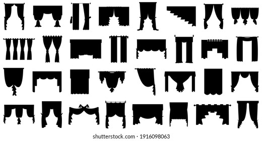 Curtains for windows, balconies, theaters, restaurants, bedrooms. Set vector isolated on white, style in silhouette.