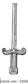 Curtana is the principal in dignity of the three swords, vintage line drawing or engraving illustration.