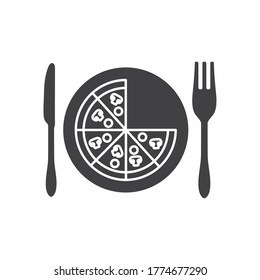 curtlery and dish with pizza slices over white background, silhouette style, vector illustration