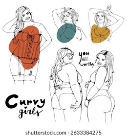 Curvaceous body positive happy women illustration